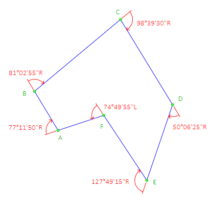 Survey plan showing deflection angle measurements