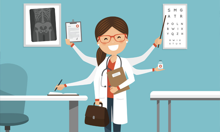 A smiling doctor with 4 more hands doing different work