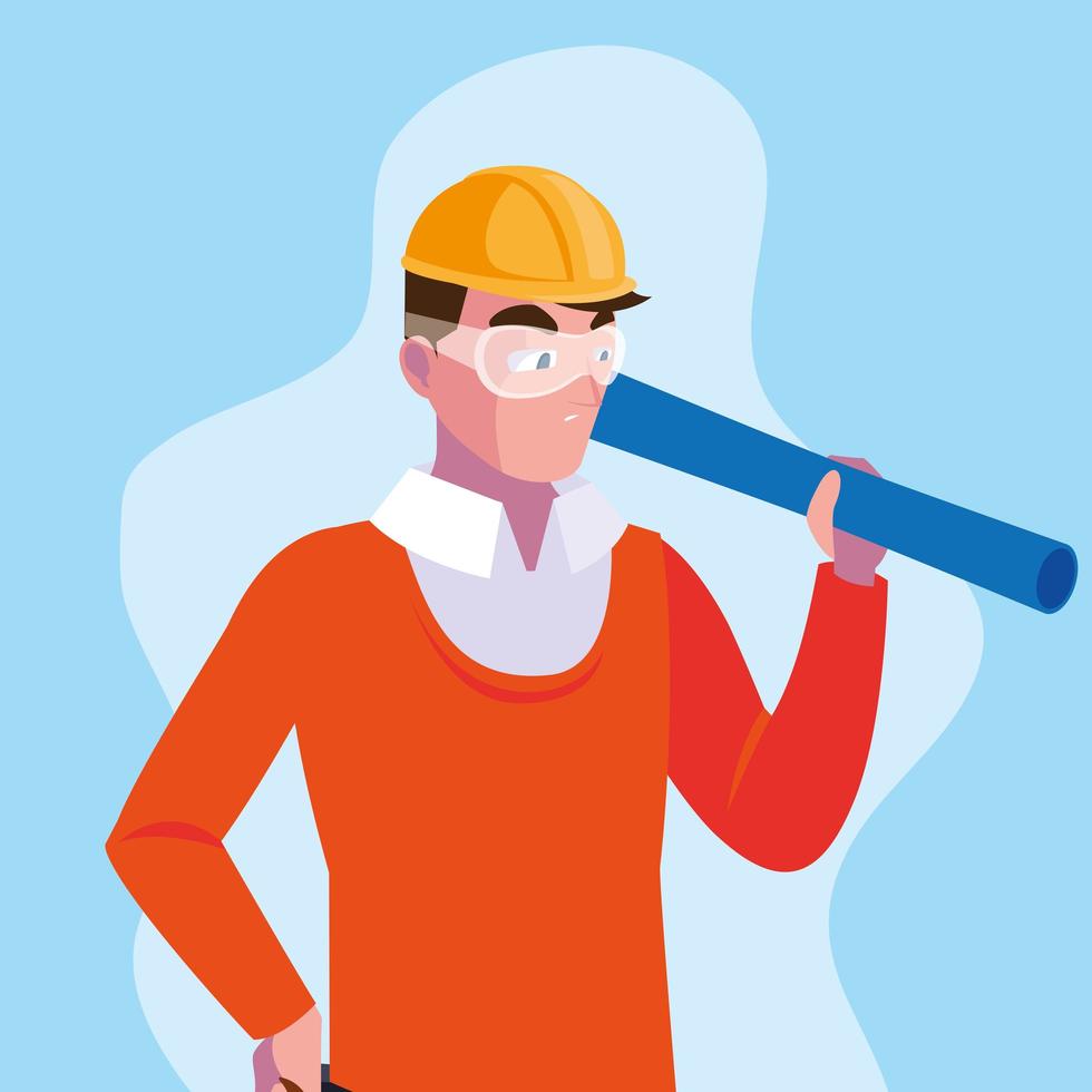 An animated engineer with hard hat holding a plan
